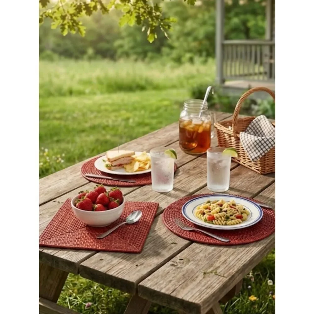 Rattan Placemats Set Red 2 Round 2 Square